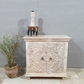 Indian Handmade Carved Wooden 2 Doors Cabinet White Colour